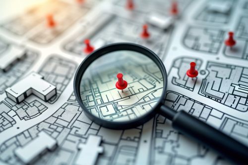 Foto: Lupe, welche auf Karte mit Pin zeigt